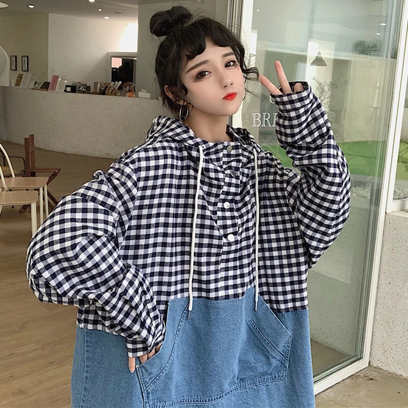 Women Oversize Hoodies Plaid Batwing Sleeve Denim Patchwork Sweatshirts Korean Style Casual Loose Hooded Pullovers Hoodies
Women Oversize Hoodies Plaid Batwing Sleeve Denim Patchwork Sweatshirts Korean Style Casual Loose Hooded Pullovers Hoodies
