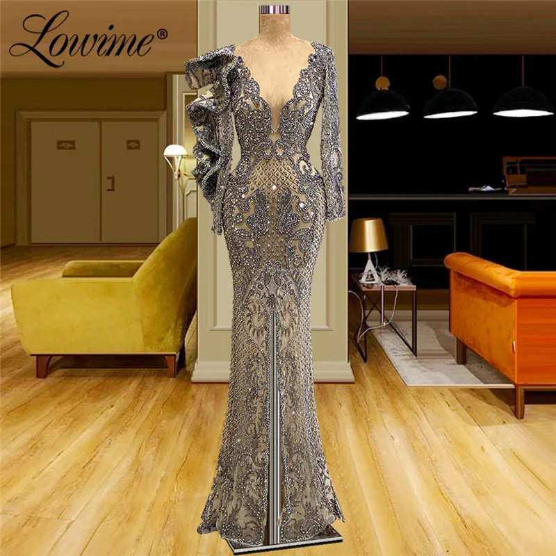 

Lowime Heavy Beaded Elegant Evening Dresses 2022 Long Sleeves Crystal Women Middle East Arabic Celebrity Party Dress For Prom