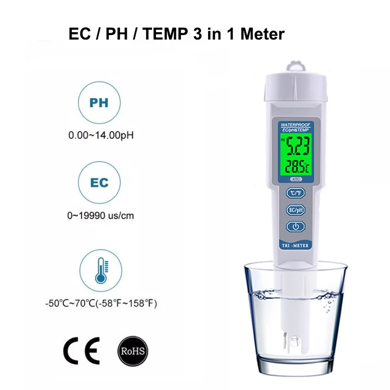 

Digital 3 in 1 PH EC TEMP Meter Pool Aquarium Hydroponics Drink Water Quality Analyzer Backlight Acidimeter Conductivity Tester