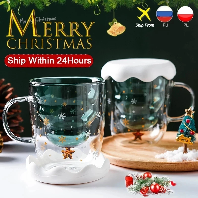 Рождественская кофейная чашка прозрачная двойная антиобжигающая стеклянная