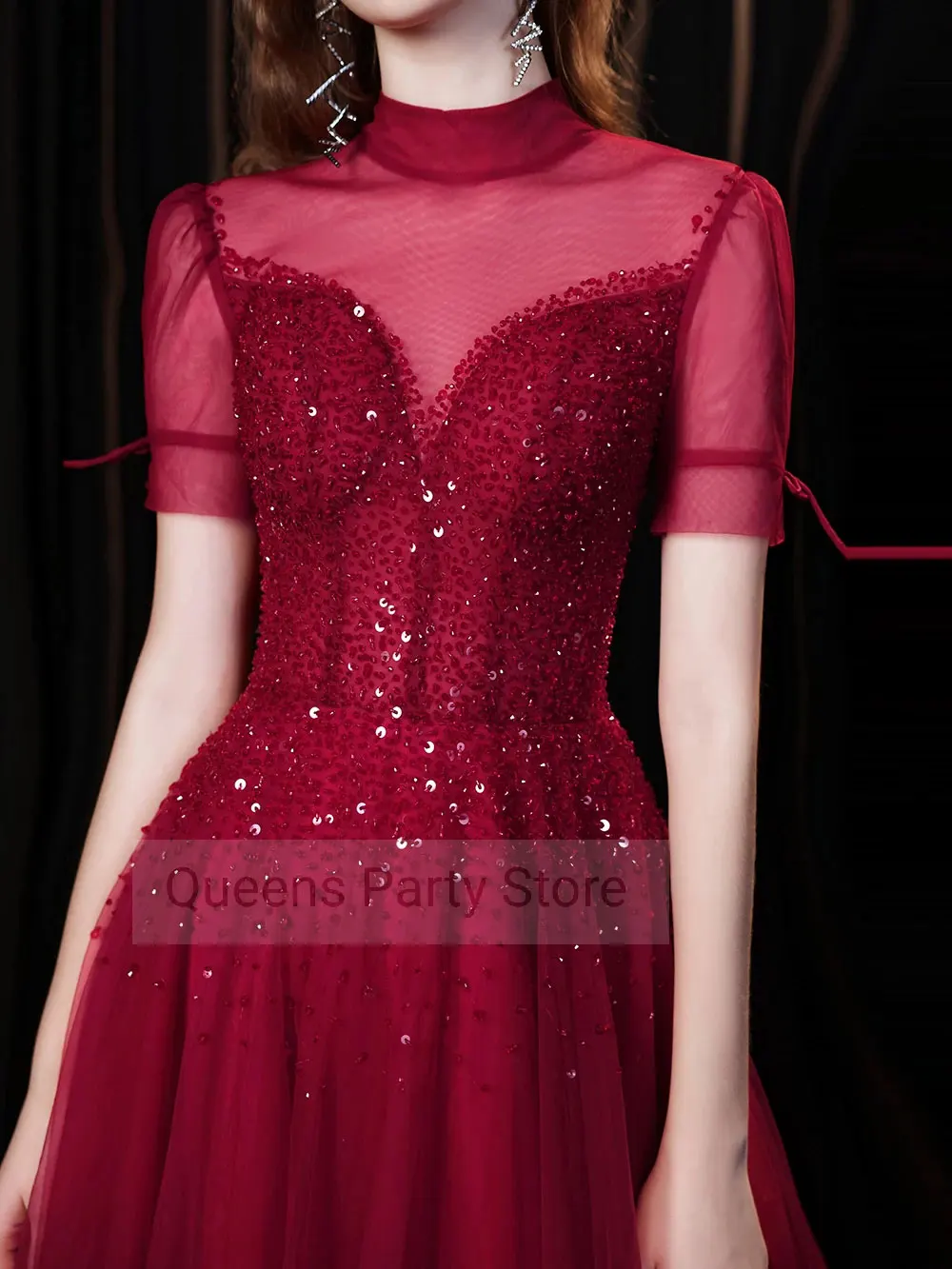 Burgundy A-line Evening Dresses Net/Tulle High Collar Floor length Short sleeve Party Dresses Applique Paillette / Sequin
Burgundy A-line Evening Dresses Net/Tulle High Collar Floor length Short sleeve Party Dresses Applique Paillette / Sequin
