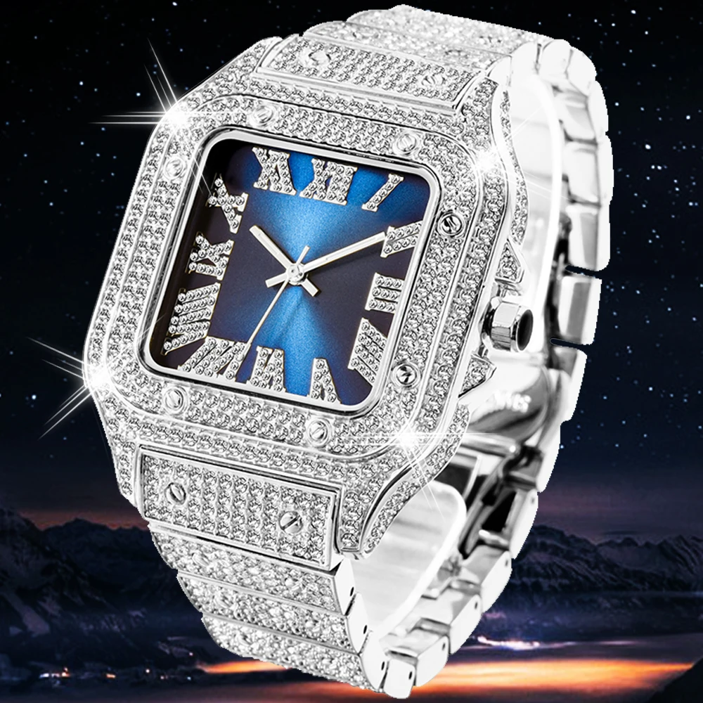 

Полностью шикарные часы со льдом для мужчин, кварцевые мужские часы в стиле хип-хоп, мужские наручные часы, Классический квадратный чехол с ...