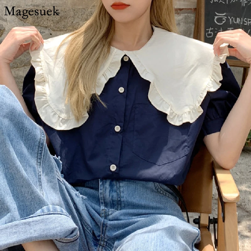Sweet Peter Pan Collar Puff Short Sleeve Blouses Women Korean Single-breasted Oversize Shirt Elegant Vintage Loose Tops 14860
Sweet Peter Pan Collar Puff Short Sleeve Blouses Women Korean Single-breasted Oversize Shirt Elegant Vintage Loose Tops 14860