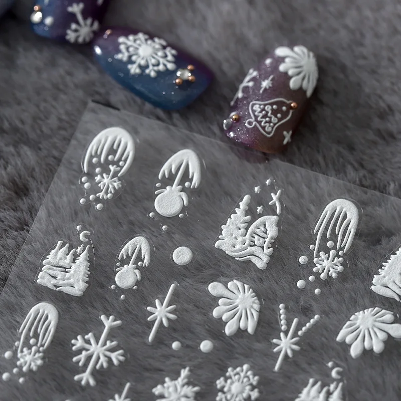 

5D Acrylic Engraved Nail Sticker White Snowflake Desgin Self-Adhesive Nail Transfer Sliders Wraps Manicures Foils DIY Z557