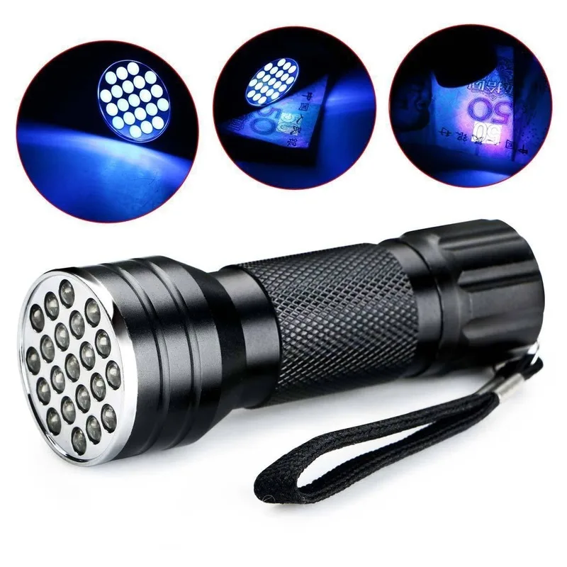 High quality ultraviolet light 21 LED UV Light 395-400nm LED UV Flashlight torch light lamp safety UV detection AAA battery lamp
High quality ultraviolet light 21 LED UV Light 395-400nm LED UV Flashlight torch light lamp safety UV detection AAA battery lamp
