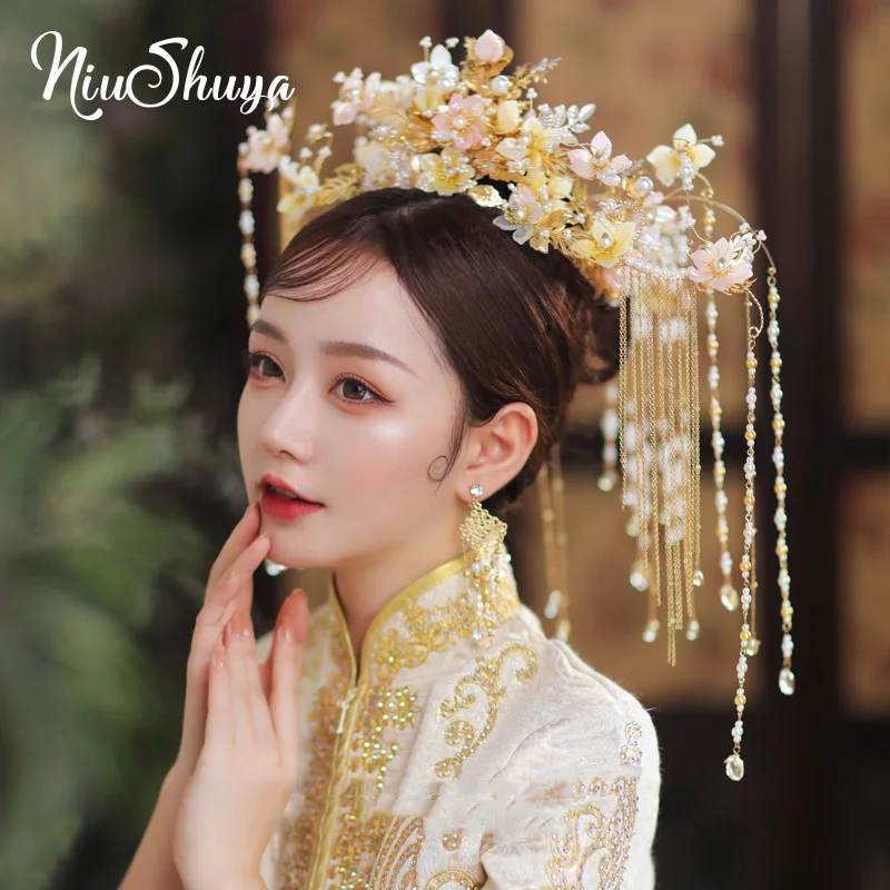 NiuShuya Tradition Chinese Luxury Gold Pink Flower Garland Bridal Crowns Phoenix Coronet Headpiece Wedding Hair Accessories
NiuShuya Tradition Chinese Luxury Gold Pink Flower Garland Bridal Crowns Phoenix Coronet Headpiece Wedding Hair Accessories
