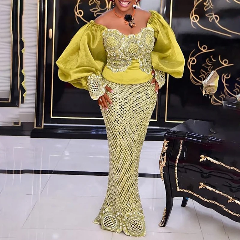 Luxury Dinner Dresses For Women Embroidered Lace Long Robe Femme Elegant Puff Sleeve Africa Dress Yellow Gown Outfits Tenue
Luxury Dinner Dresses For Women Embroidered Lace Long Robe Femme Elegant Puff Sleeve Africa Dress Yellow Gown Outfits Tenue