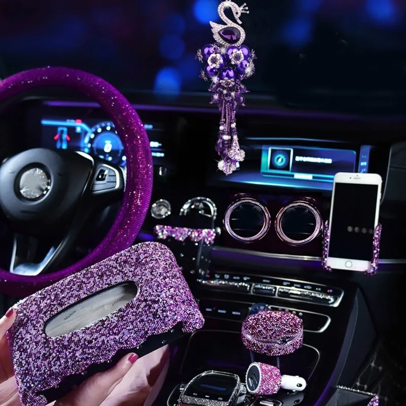 Bling style purple crystal inlaid car interior decoration set for girls car ashtray steering wheel cover pandent phone holder
Bling style purple crystal inlaid car interior decoration set for girls car ashtray steering wheel cover pandent phone holder