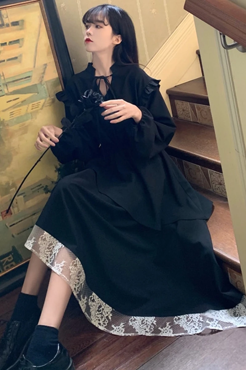 Long Sleeve Dress Women Hepburn Temperament French Style Elegant Fashion Black Party Spring Lace Patchwork Vintage Midi Oversize 
Long Sleeve Dress Women Hepburn Temperament French Style Elegant Fashion Black Party Spring Lace Patchwork Vintage Midi Oversize