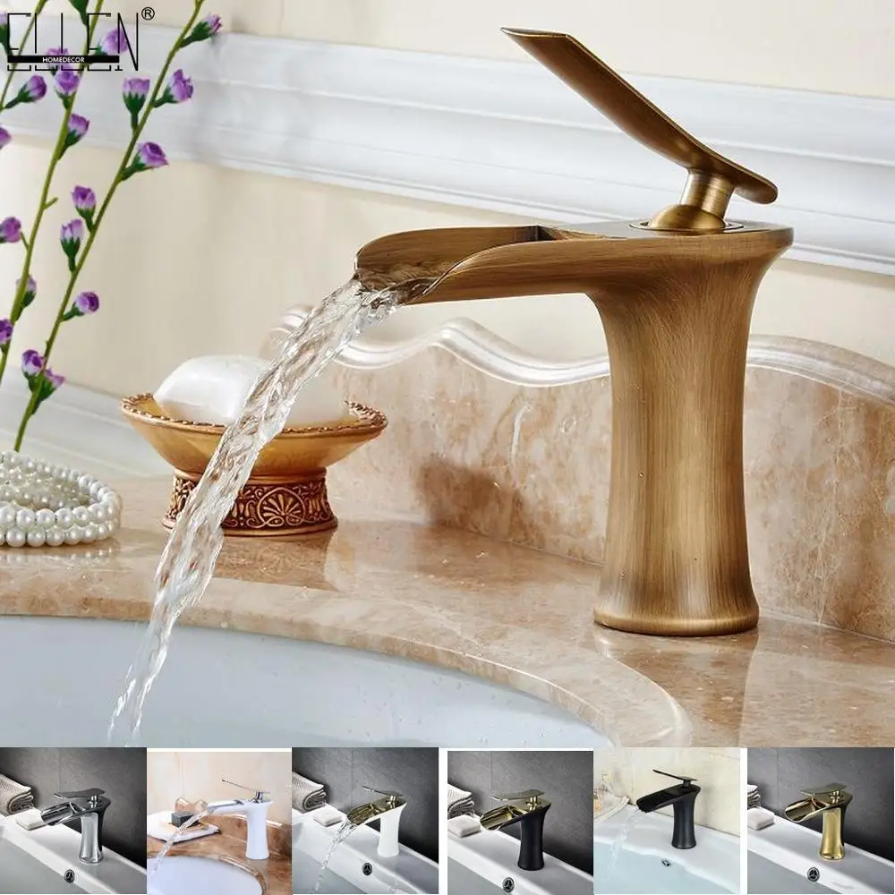 

Waterfall Bathroom Basin Sink Faucets Hot Cold Tap Deck Mounted Water Mixer Crane Antique Bronze Chrome Finished ELM100