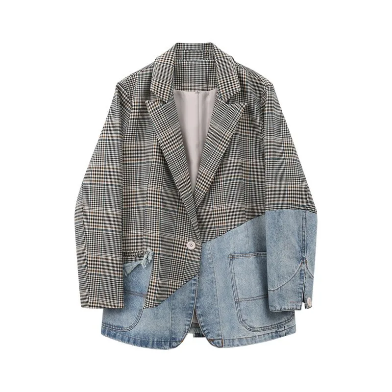 Women Denim Splice Plaid Blazer New Autumn Loose Single Button Suit Jacket Streetwear Preppy Style Casual Long Sleeve Coat 
Women Denim Splice Plaid Blazer New Autumn Loose Single Button Suit Jacket Streetwear Preppy Style Casual Long Sleeve Coat