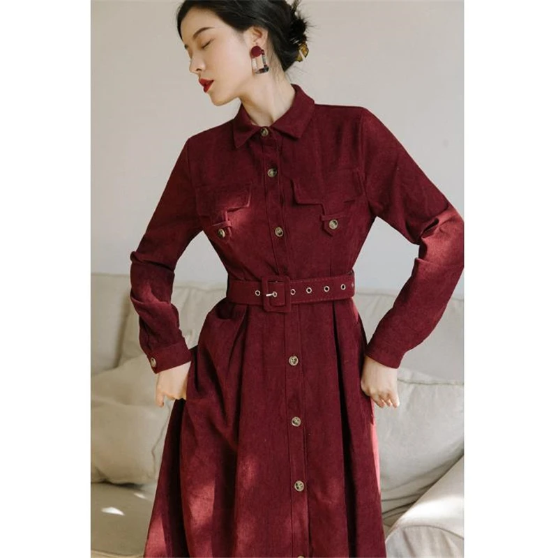 Corduroy Long Sleeve Red Dress Women 2020 Autumn Winter New French Vintage Lapel High Waist Belted Button Long A-line Dress
Corduroy Long Sleeve Red Dress Women 2020 Autumn Winter New French Vintage Lapel High Waist Belted Button Long A-line Dress