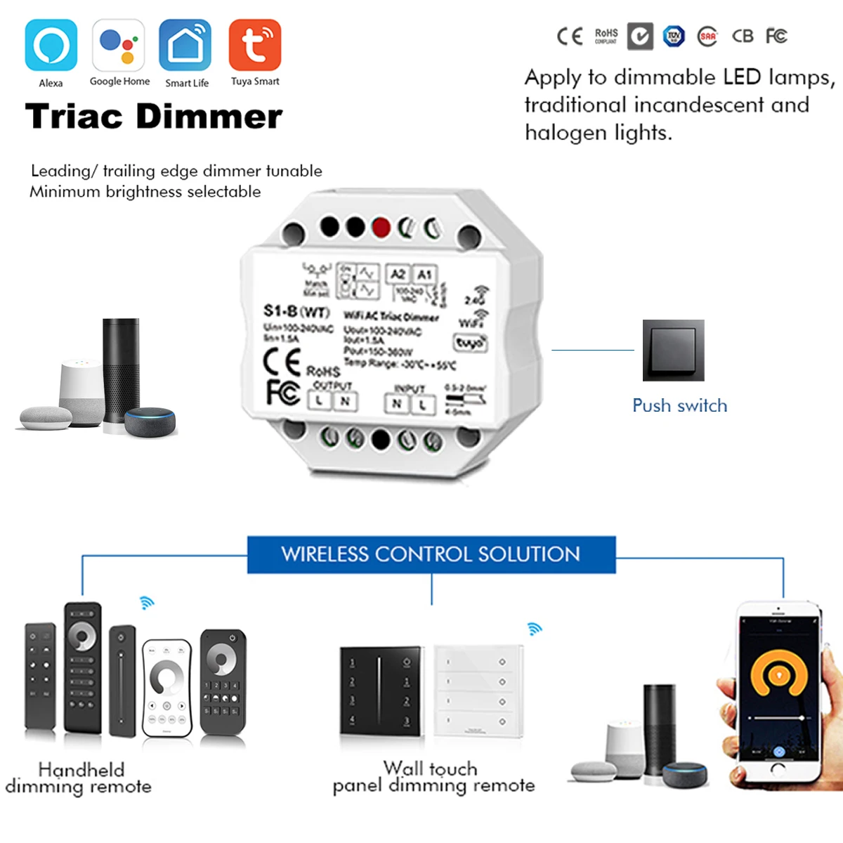 

AC 110V-220V Tuya WIFI S1-B (WT) Triac LED Wireless RF Dimmer Push Switch 2.4G Wireless dimming Remote Controller For Alexa Echo