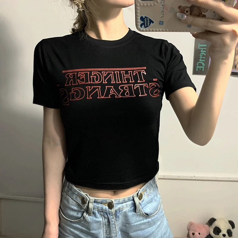 Vintage Letter Print Sexy Crop Tops Women Casual Short Sleeve Cotton Pullover Tees Summer Slim Streetwear T-shirt Woman 2021 
Vintage Letter Print Sexy Crop Tops Women Casual Short Sleeve Cotton Pullover Tees Summer Slim Streetwear T-shirt Woman 2021