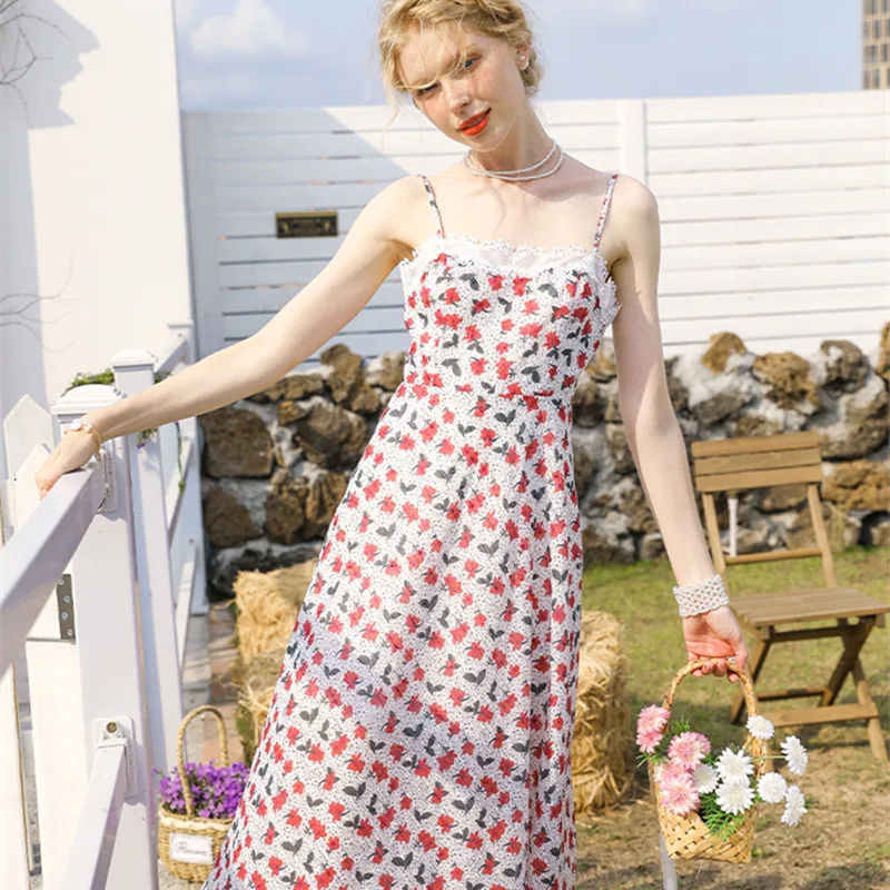 Commuter Temperament Sling Dress Fairy Floral Straight Collar Big Flower Lady Middle-waisted A-line Skirt Lace Red
Commuter Temperament Sling Dress Fairy Floral Straight Collar Big Flower Lady Middle-waisted A-line Skirt Lace Red