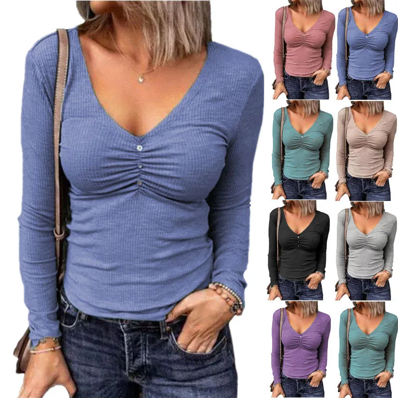 2021 autumn and winter new European and American pit strip solid color slim V-neck long-sleeved women's T-shirt top
2021 autumn and winter new European and American pit strip solid color slim V-neck long-sleeved women's T-shirt top