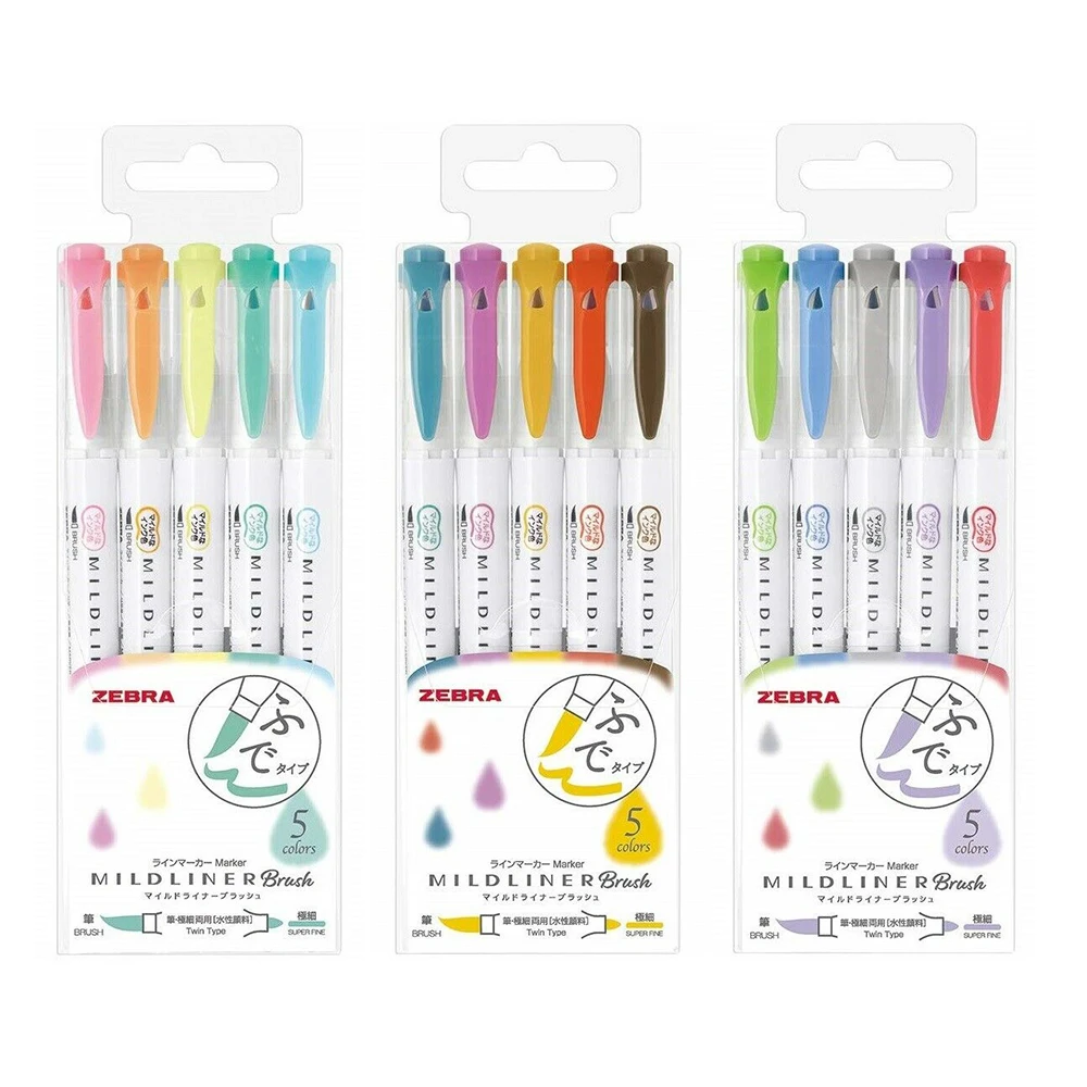 2019 NEW 5 Colors Zebra MildLiner Brush Pen Set WFT8 Double Sided Water-based Highlighter Marker Pen Journal Supplies 
2019 NEW 5 Colors Zebra MildLiner Brush Pen Set WFT8 Double Sided Water-based Highlighter Marker Pen Journal Supplies