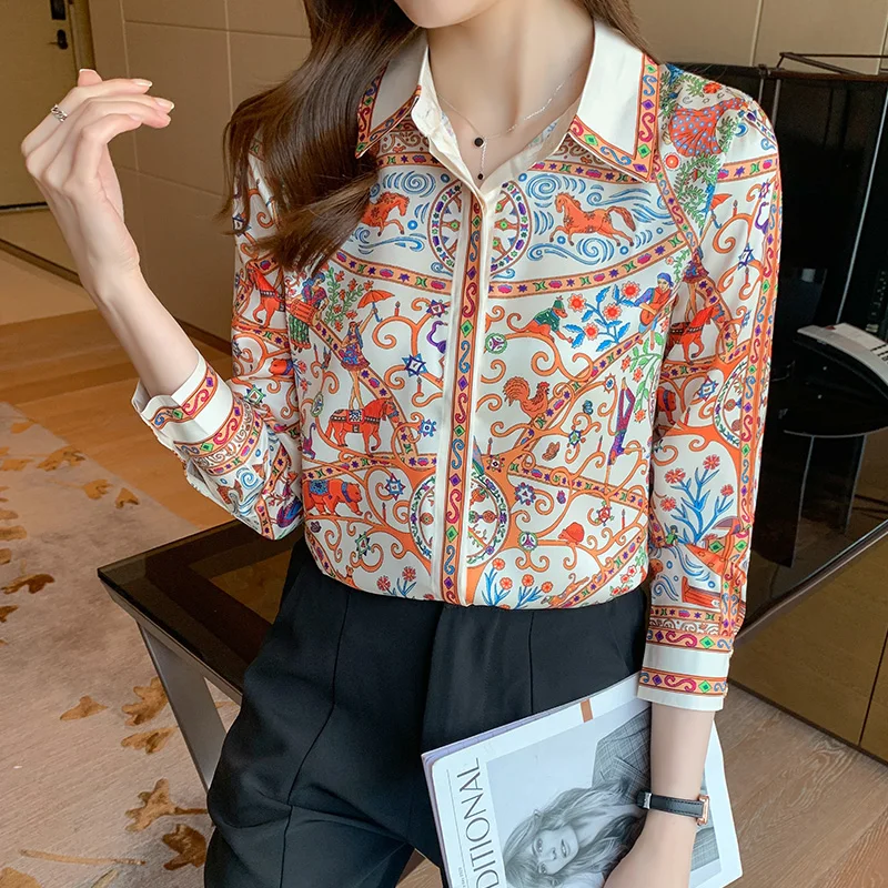 Summer New Women's Blouses Polo Shirt Long Sleeve Top Printed Blouse Splicing Girl Satin Casual Fashion Lady Loose
Summer New Women's Blouses Polo Shirt Long Sleeve Top Printed Blouse Splicing Girl Satin Casual Fashion Lady Loose
