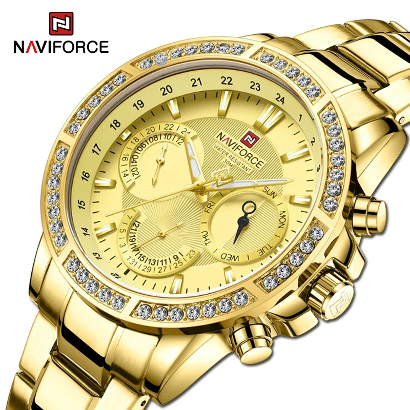 

Часы наручные NAVIFORCE Мужские кварцевые, модные деловые водонепроницаемые золотистые из нержавеющей стали, с 24-часовым циферблатом