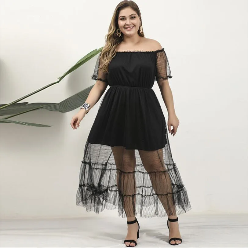 Strapless Sexy Black Mesh Lace Dress Summer Plus Size Women's Simple European Style Irregular Perspective Elegant Ladies Dress
Strapless Sexy Black Mesh Lace Dress Summer Plus Size Women's Simple European Style Irregular Perspective Elegant Ladies Dress