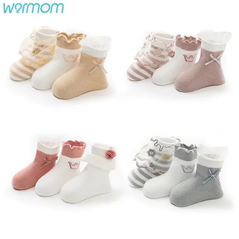 

WARMOM 3 пары/партия, детские кружевные носки для малышей носки с бантиком верхняя одежда с вышивкой для детей, колготки, Детские Колготки с рис...