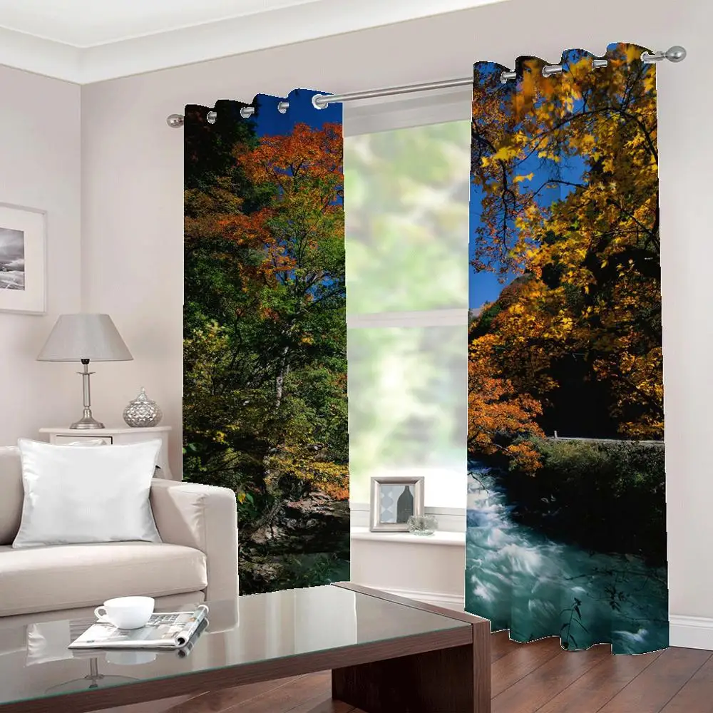 

3D Red Green Maple Forest Stream landscape Window curtains Photo Print For Living room Bedroom Half-Blackout Drapes Home Decor
