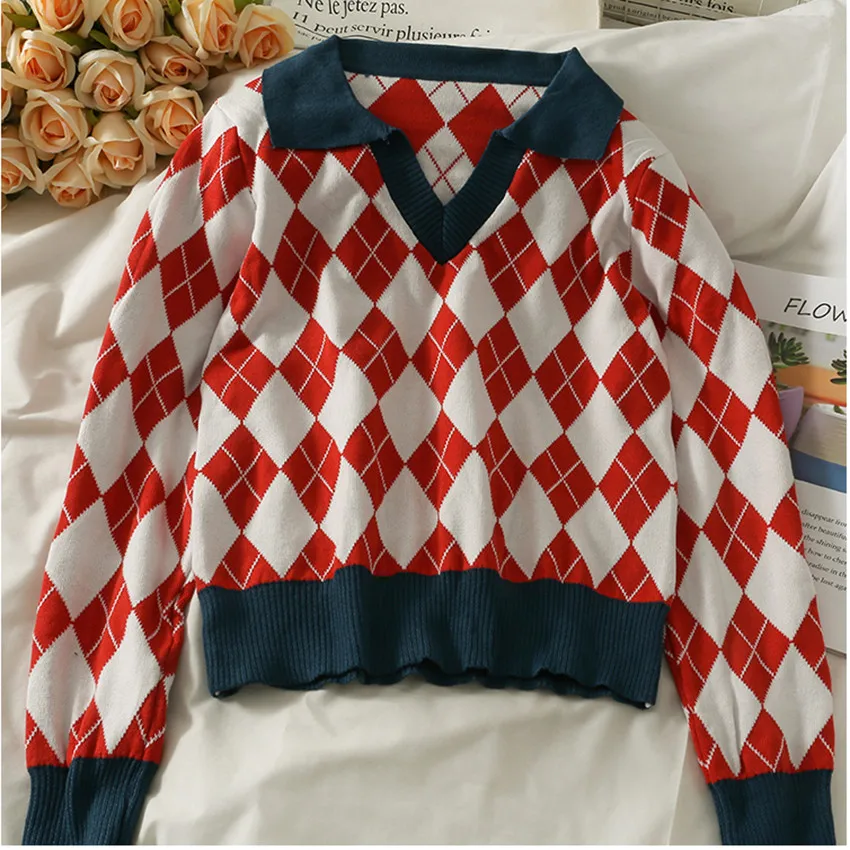 Designer Argyle Sweater Crop Top Women Fashion Knitted Thin Pullover High Street Sweaters Knitwear Pull Femme
Designer Argyle Sweater Crop Top Women Fashion Knitted Thin Pullover High Street Sweaters Knitwear Pull Femme
