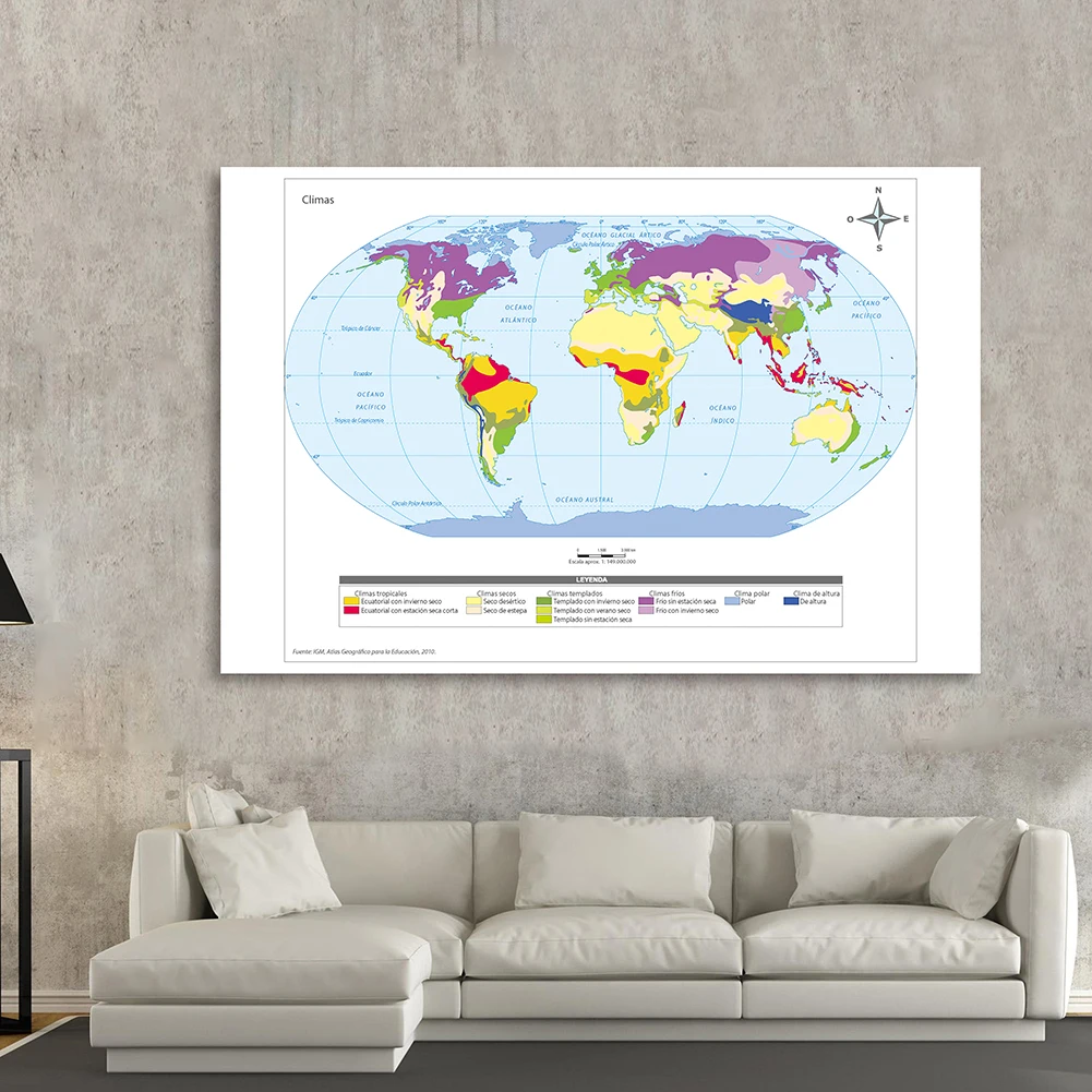 225*150cm In Spanish The World Climate Map Art Poster Non-woven Canvas Painting Living Room Home Decor Children School Supplies
225*150cm In Spanish The World Climate Map Art Poster Non-woven Canvas Painting Living Room Home Decor Children School Supplies