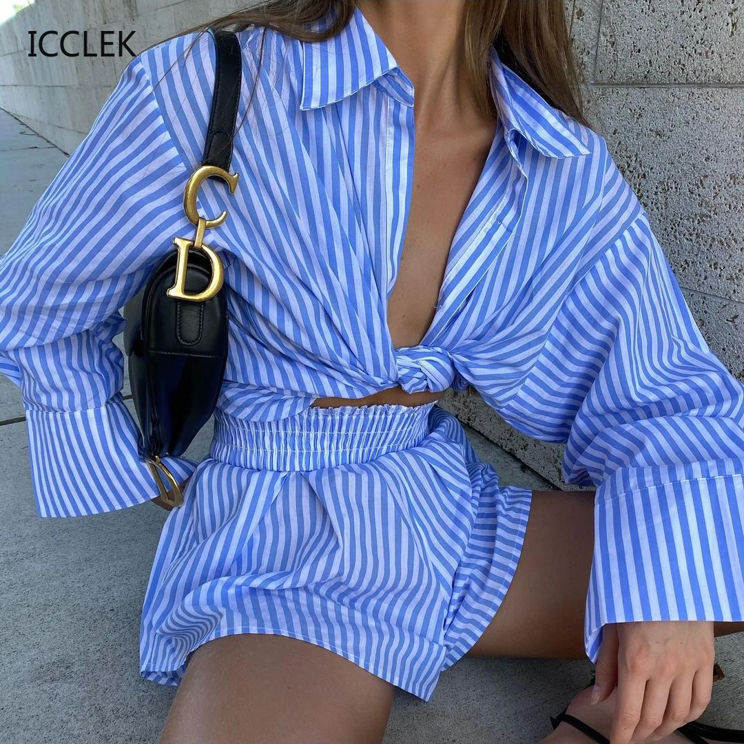 Summer Tracksuit Blue Striped Shorts Suits 2021 New Long Sleeve Shirt Tops And High Waist Mini Shorts Women Two Piece Set Outfit
Summer Tracksuit Blue Striped Shorts Suits 2021 New Long Sleeve Shirt Tops And High Waist Mini Shorts Women Two Piece Set Outfit