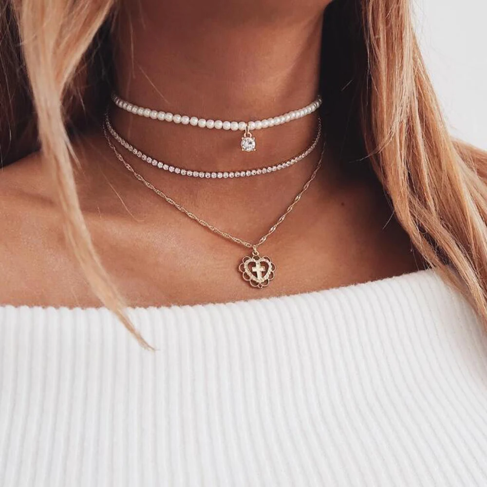Rhinestone Heart Cross Pendant Necklace Women Elegant Multilayer Imitation Pearls Choker Chain Fashion Jewelry Birthday Gifts
Rhinestone Heart Cross Pendant Necklace Women Elegant Multilayer Imitation Pearls Choker Chain Fashion Jewelry Birthday Gifts