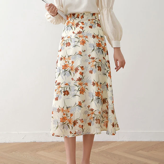 Chiffon floral skirt mid-length drape women's 2021 spring and summer new high-waisted thin and fresh a-line long skirt 
Chiffon floral skirt mid-length drape women's 2021 spring and summer new high-waisted thin and fresh a-line long skirt