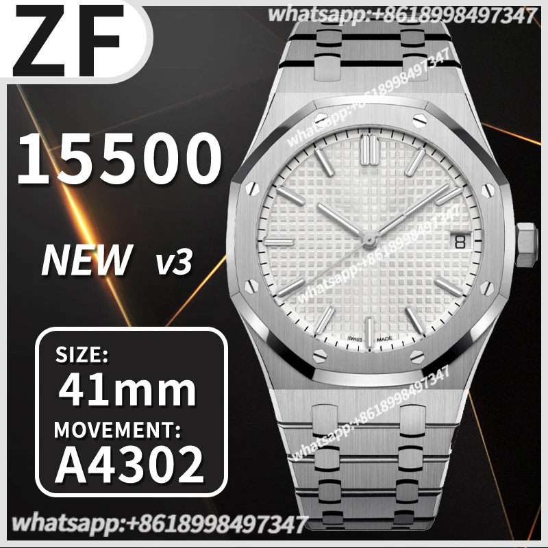 Men's Automatic Mechanical Watch Royal Oak 41mm 15500 SS ZF 1:1 Best Edition White Textured Dial on SS Bracelet A4302 New V3 
Men's Automatic Mechanical Watch Royal Oak 41mm 15500 SS ZF 1:1 Best Edition White Textured Dial on SS Bracelet A4302 New V3