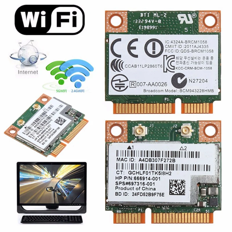 Двухдиапазонный 2 4 + 5G 300 м 802.11A/B/G/N Wifi Bluetooth 0 Беспроводной Половина Mini Pci-E карта для