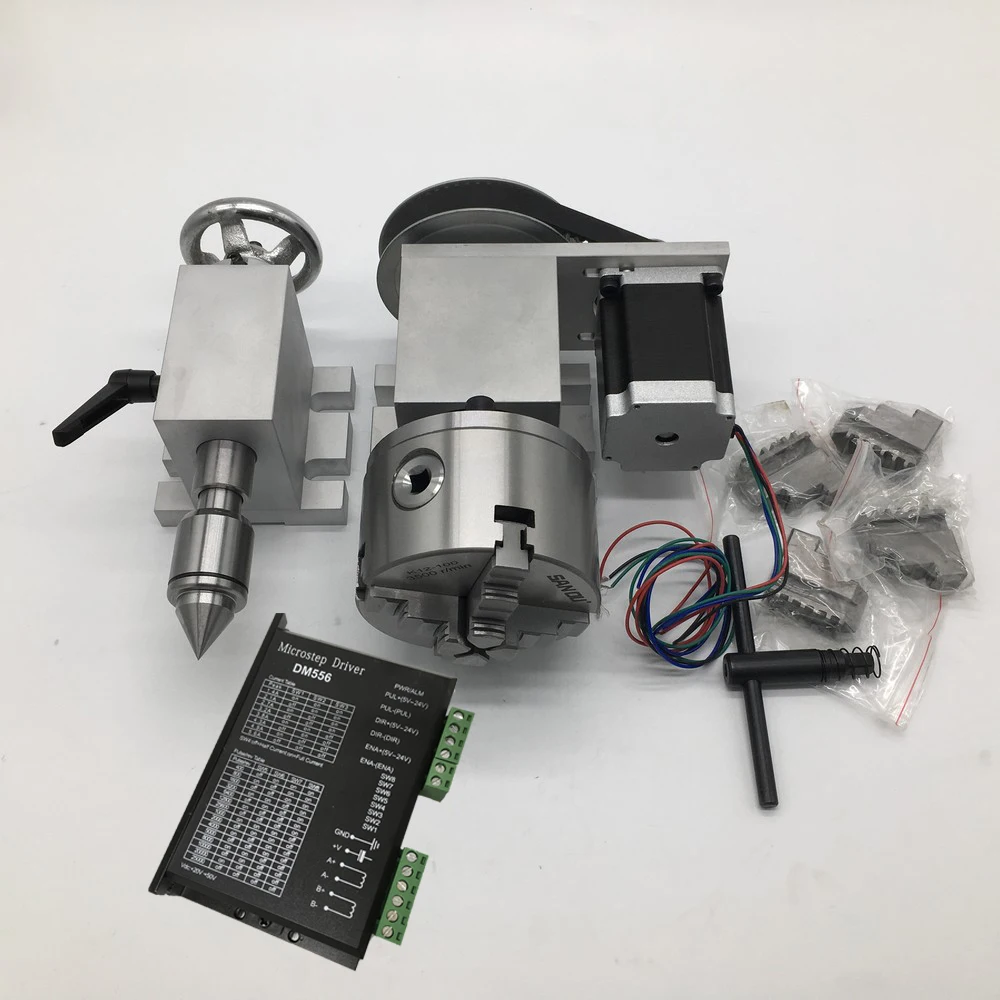4 Axis Rotation A Axis Extend Rotary 4 Jaw 100mm K12-100 Chuck driver Nema23 Motor Tailstock for Wood Metal Plastic Milling CNC 
4 Axis Rotation A Axis Extend Rotary 4 Jaw 100mm K12-100 Chuck driver Nema23 Motor Tailstock for Wood Metal Plastic Milling CNC