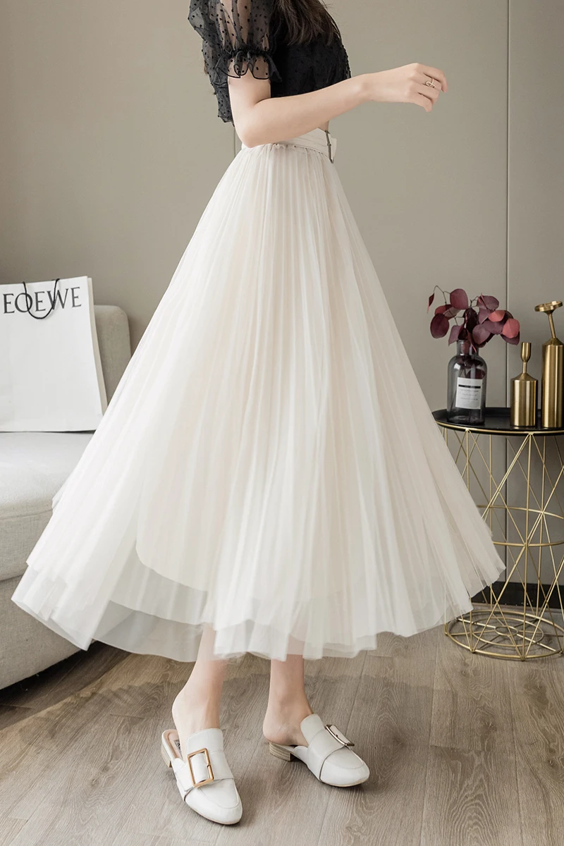 Korean Belt High Waist Elegant Woman Skirts Mesh Pleated A-line Mid-calf Skirt Summer New Faldas De Mujer
Korean Belt High Waist Elegant Woman Skirts Mesh Pleated A-line Mid-calf Skirt Summer New Faldas De Mujer
