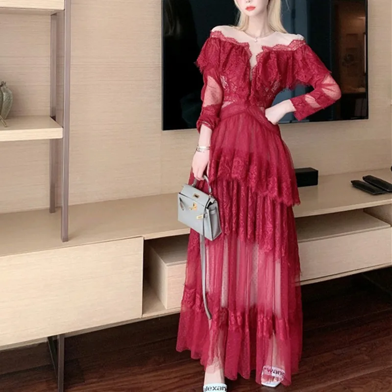 Autumn New Temperament High-End Mesh Lace Ruffled Stitching Red Dress Woman Sexy Perspective Long-Sleeved Slim Cake Dress
Autumn New Temperament High-End Mesh Lace Ruffled Stitching Red Dress Woman Sexy Perspective Long-Sleeved Slim Cake Dress