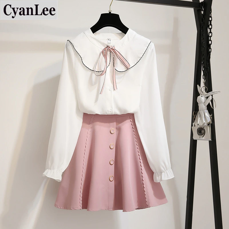 Cyanlee Autumn Casual two piece Women Sets Lace Ruffles Peter pan Collar Tie Bow Shirt + Mini Skirt A-line Sweet 2 Piece Set
Cyanlee Autumn Casual two piece Women Sets Lace Ruffles Peter pan Collar Tie Bow Shirt + Mini Skirt A-line Sweet 2 Piece Set