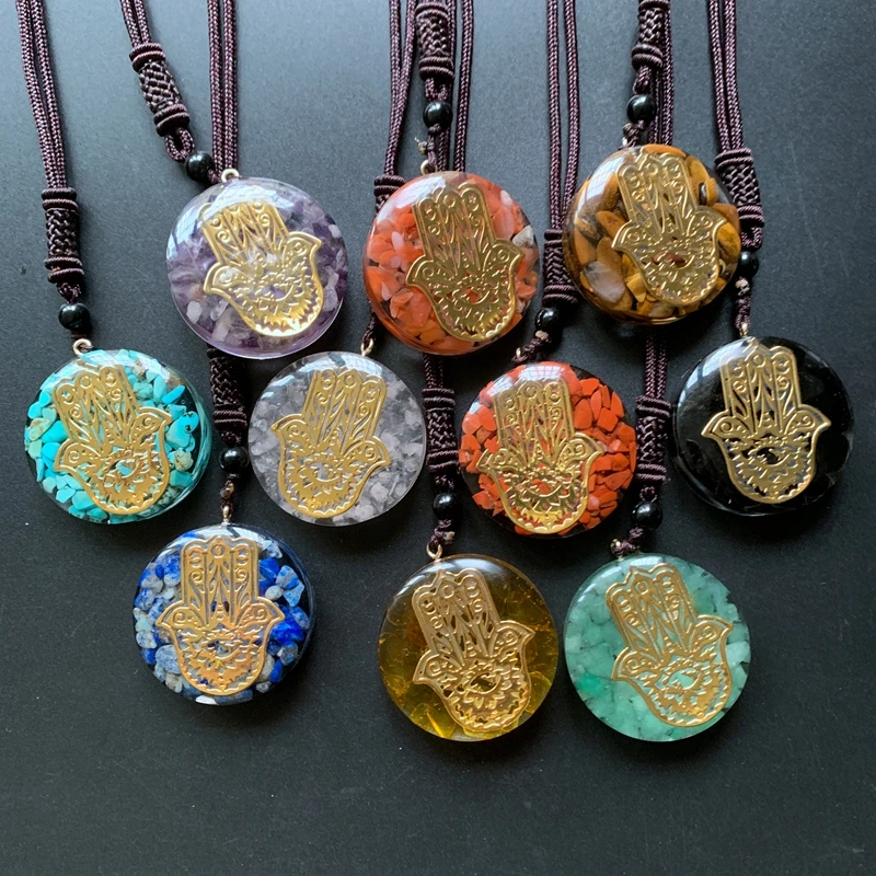 Hand of Fatima Necklace Resin Chakra Crystal Chips Combination Round Pendant Fatima Hand Orgonite Energy Necklace Long Chain 1pc
Hand of Fatima Necklace Resin Chakra Crystal Chips Combination Round Pendant Fatima Hand Orgonite Energy Necklace Long Chain 1pc