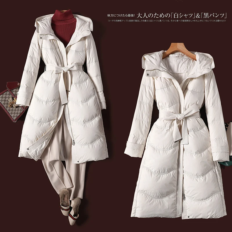 

Shuchan 90% белый гусиный пуховик с капюшоном зимняя куртка Женское пальто теплое на молнии 150 г-200 г приталенный с регулируемой талией
