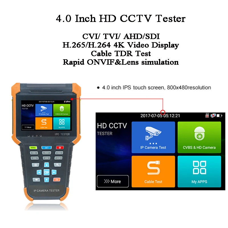 

4 inch H.265 264 IP Display IPS Touch CVBS Test HDMI 1080P PoE ONVIF 8MP CVI TVI AHD 3G-SDI PTZ Control Camera Video CCTV Tester