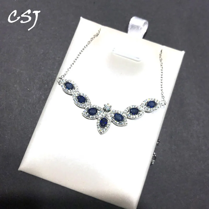 

CSJ Real Natural Sapphire Necklace Sterling 925 Silver Emerald Pendant for Women Engagement Party Birthday Jewelry Gift