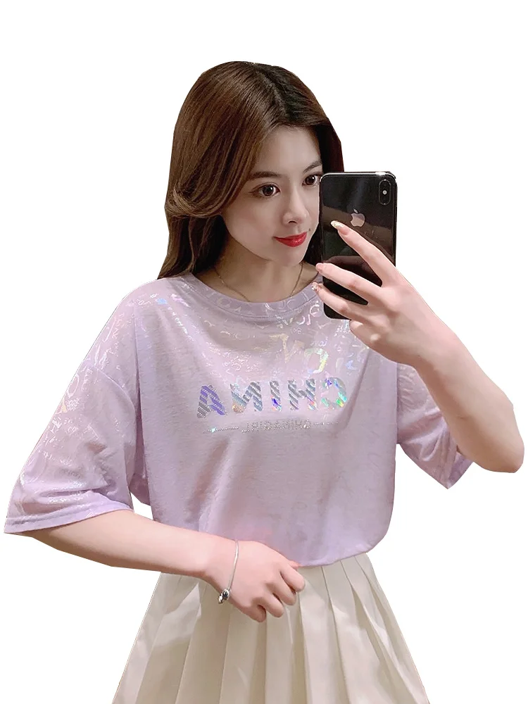Summer New Fashion Casual round Neck Letter Print Top Rhinestone Design Bottoming T-shirt for Women
Summer New Fashion Casual round Neck Letter Print Top Rhinestone Design Bottoming T-shirt for Women