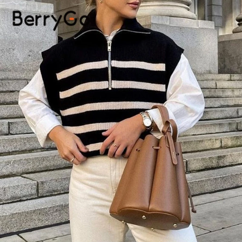 BerryGo Autumn winter polo vest Za stripes sweater vest women Elegant zipper pullover vest female Casual loose knit jumper vest
BerryGo Autumn winter polo vest Za stripes sweater vest women Elegant zipper pullover vest female Casual loose knit jumper vest