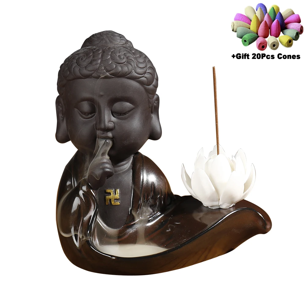 

+20Cones Zen Buddha Statue FengShui Ornaments Handmade White Porcelain Lotus Incense Stick Holder Incense Burner Aromatherapy