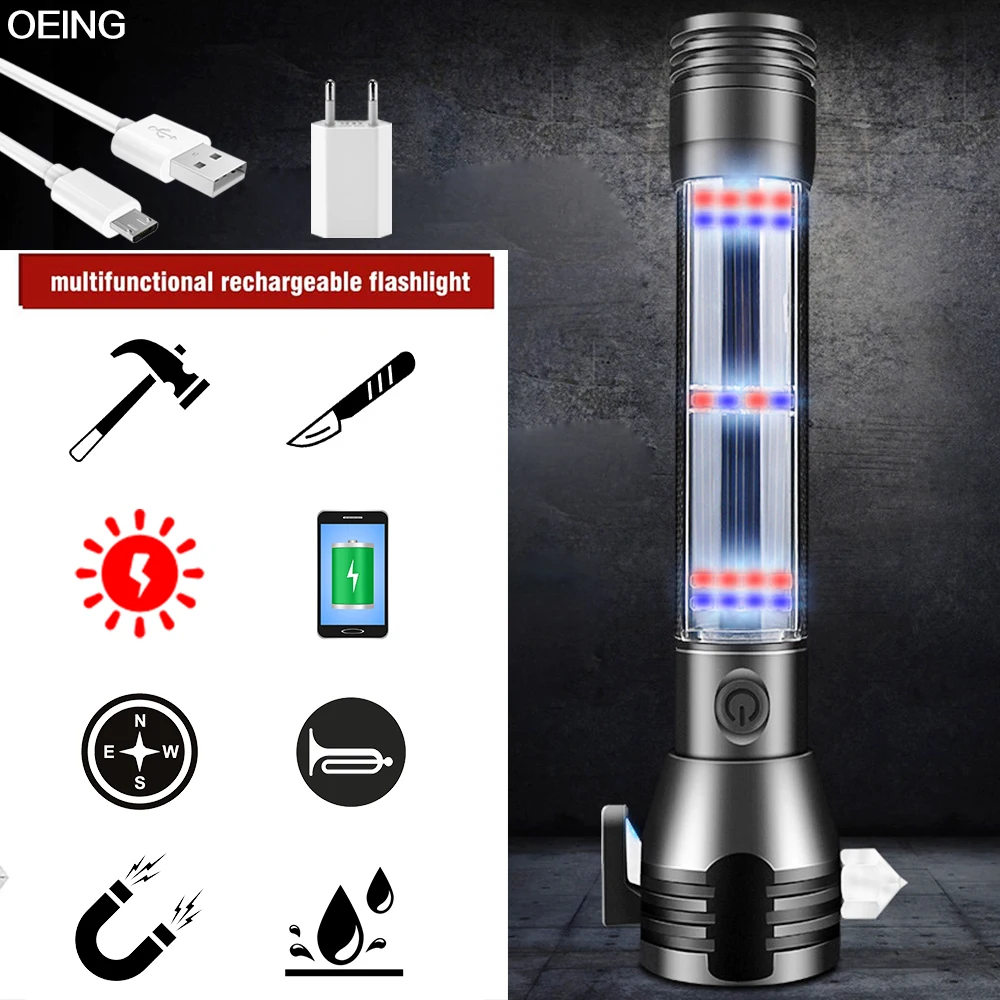 USB Rechargeable Solar LED Flashlight Multi-function Police Tactical Torch Self-defense Light Power Bank Safety Hammer Compass
USB Rechargeable Solar LED Flashlight Multi-function Police Tactical Torch Self-defense Light Power Bank Safety Hammer Compass