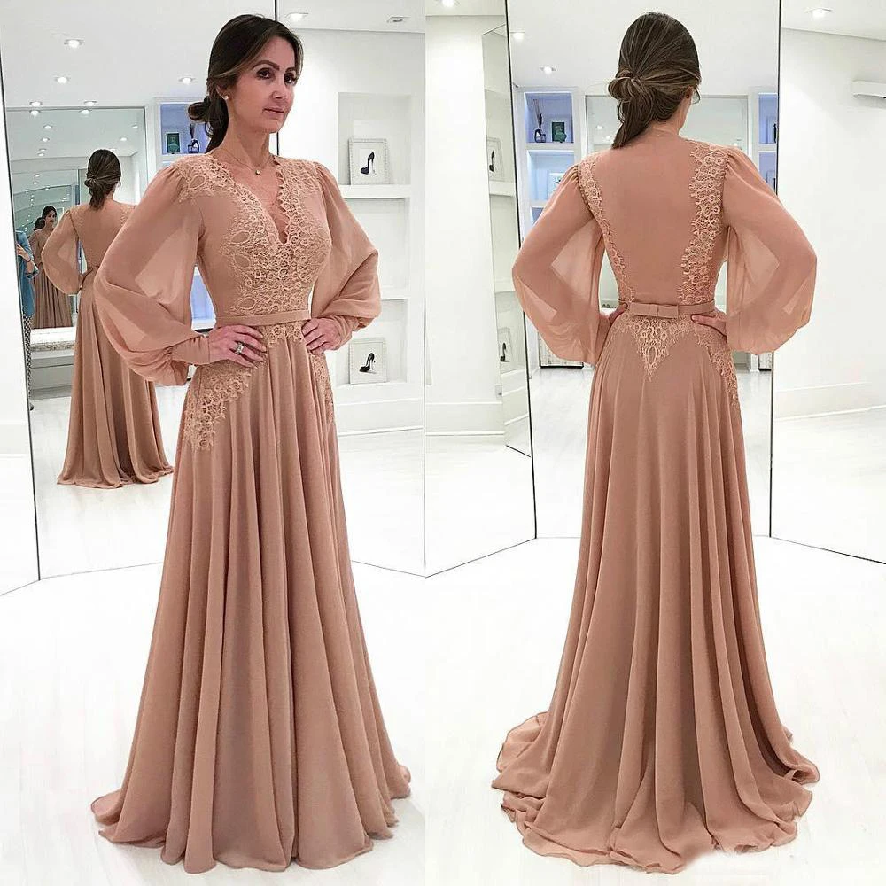 Long Sleeves Chiffon Formal Evening Dress Champagne Women Elegant V Neck Muslim Evening Dresses Lace Robe Soiree Dubai
Long Sleeves Chiffon Formal Evening Dress Champagne Women Elegant V Neck Muslim Evening Dresses Lace Robe Soiree Dubai