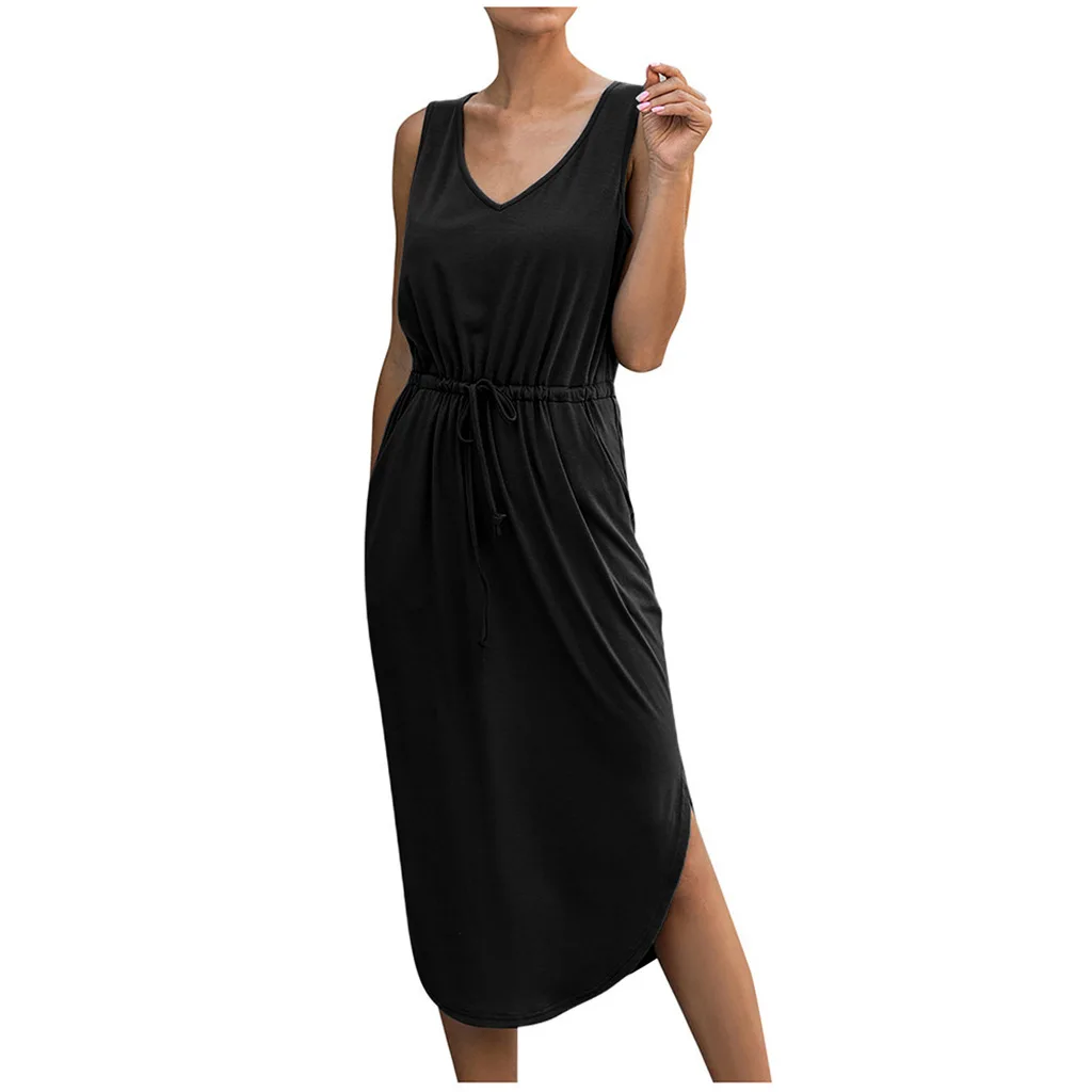 Women's V Neck Sleeveless Casual Dress with Pockets Summer Swing Midi Dress Tank Maxi Dresses