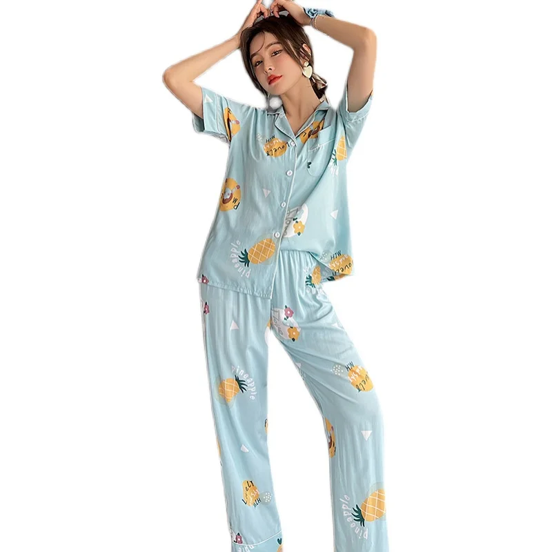 Japanese Style Fresh Pajamas Women's Summer Thin Bourette Suit Short-Sleeved Trousers Artificial Cotton Cardigan Girl's Homewear
Japanese Style Fresh Pajamas Women's Summer Thin Bourette Suit Short-Sleeved Trousers Artificial Cotton Cardigan Girl's Homewear