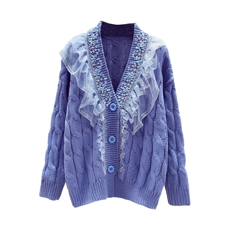 Spring autumn V-neck Sequin lace mesh splicing knitted single breasted twist sweater female casual tops sweaters
Spring autumn V-neck Sequin lace mesh splicing knitted single breasted twist sweater female casual tops sweaters