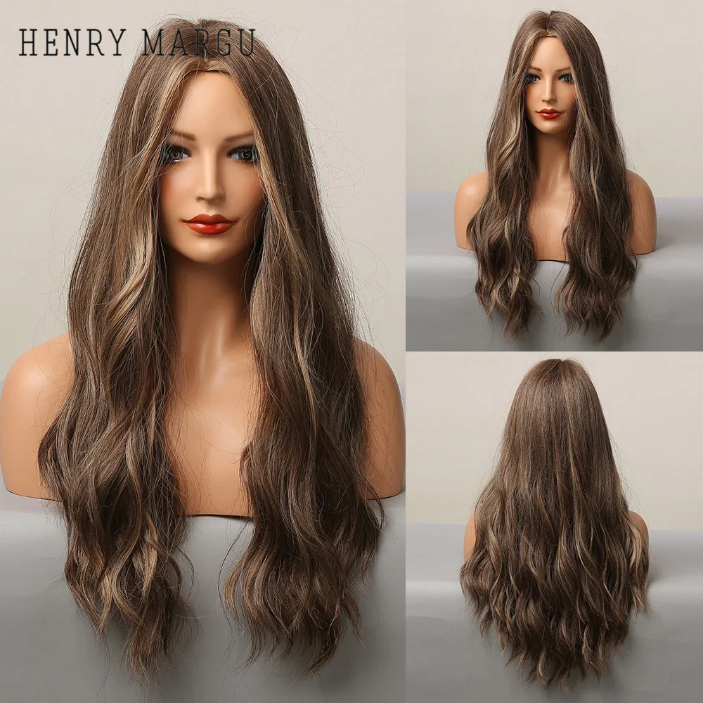 

HENRY MARGU Long Brown Blonde Highlight Synthetic Wig Natural Water Wavy Hair Daily Cosplay Heat Resistant Wig for Black Women